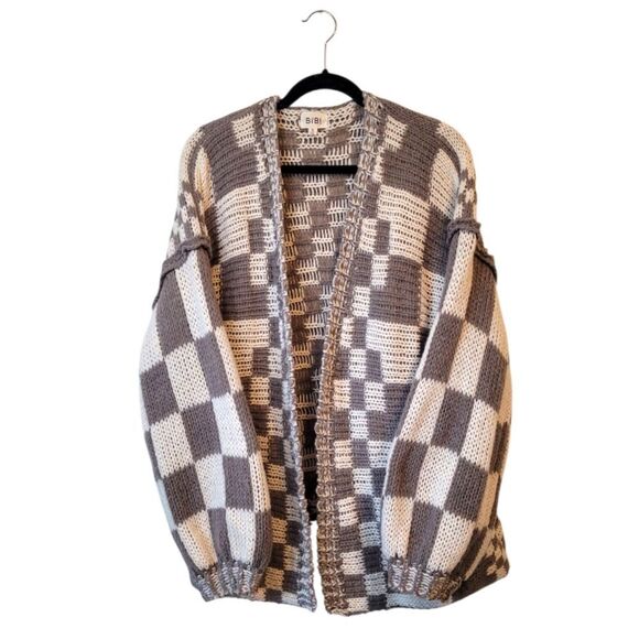 BiBi Sweaters - BiBi Women's Cream And Tan Chunky Knit Over Sized Check Cardigan Sweater Size S